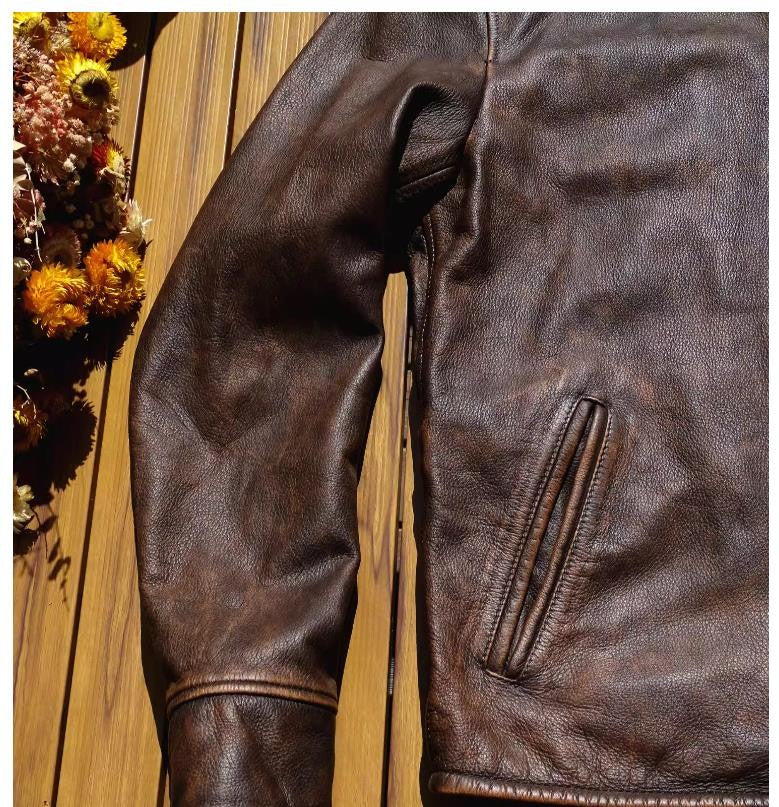 YR!Wholesales.Retro 1930 quality natural cowhide jacket.Vintage brown genuine leather coat.Slim fit.Classic Rider leather cloth