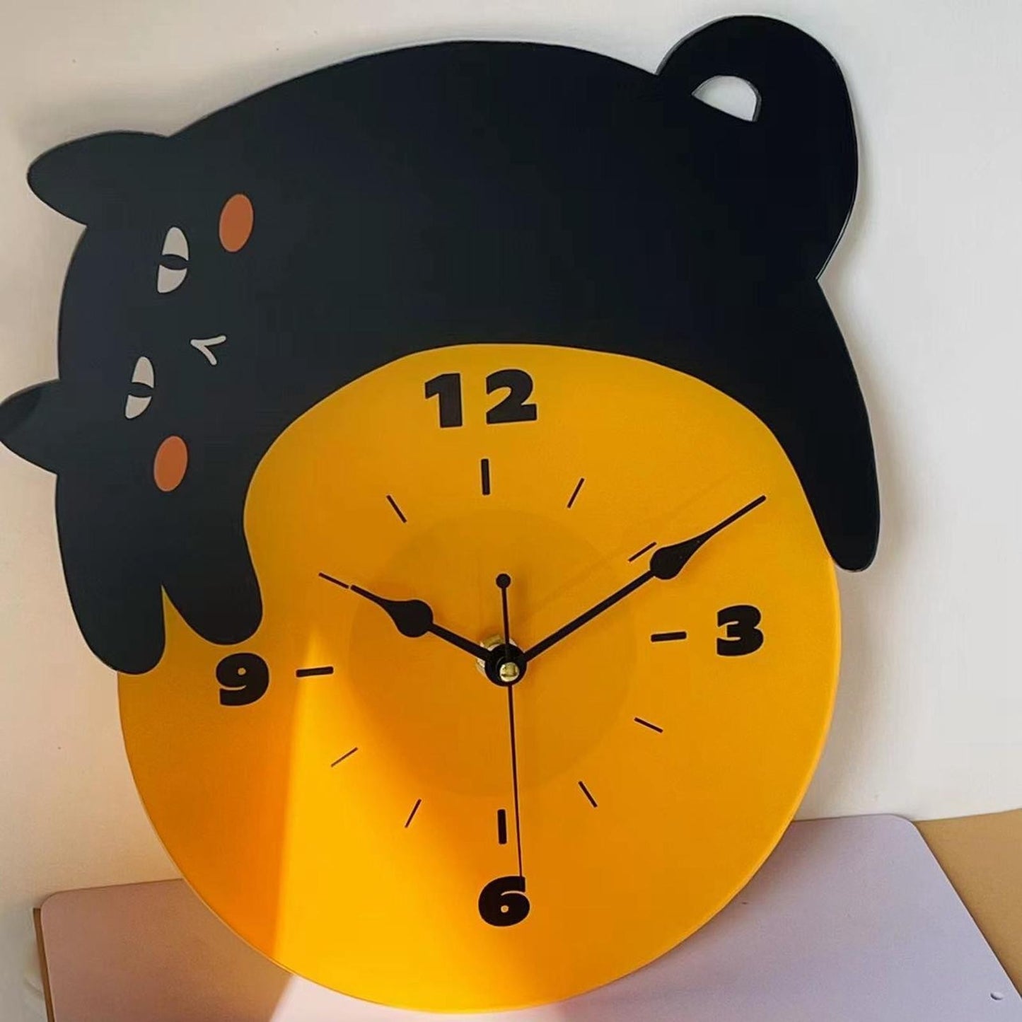 Cat Wall Clock Cute Black Arabic Numbers Housewarming Non Ticking Analog Clock for Bathroom Home Dining Room Kitchen School