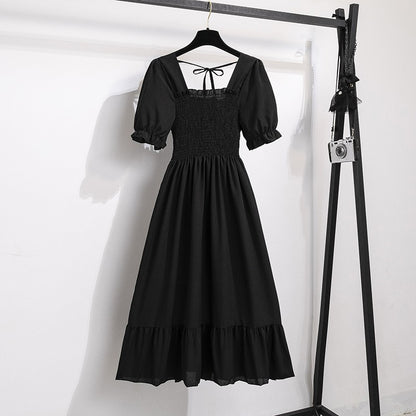 Summer Pleated Women Chiffon Dresses Casual Beach Holiday Short Sleeve Square Co