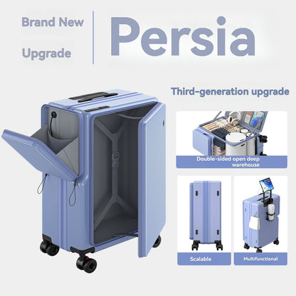 Nova Bagagem com Abertura Frontal de Grande Capacidade, Expansível, Porta-Copos, Carregamento USB, Alça Telescópica e Rodas Universais