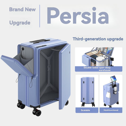 New Front-Opening Luggage with Large Capacity, Expandable, Cup Holder, USB Charging, Telescopic Handle, and Universal Wheels