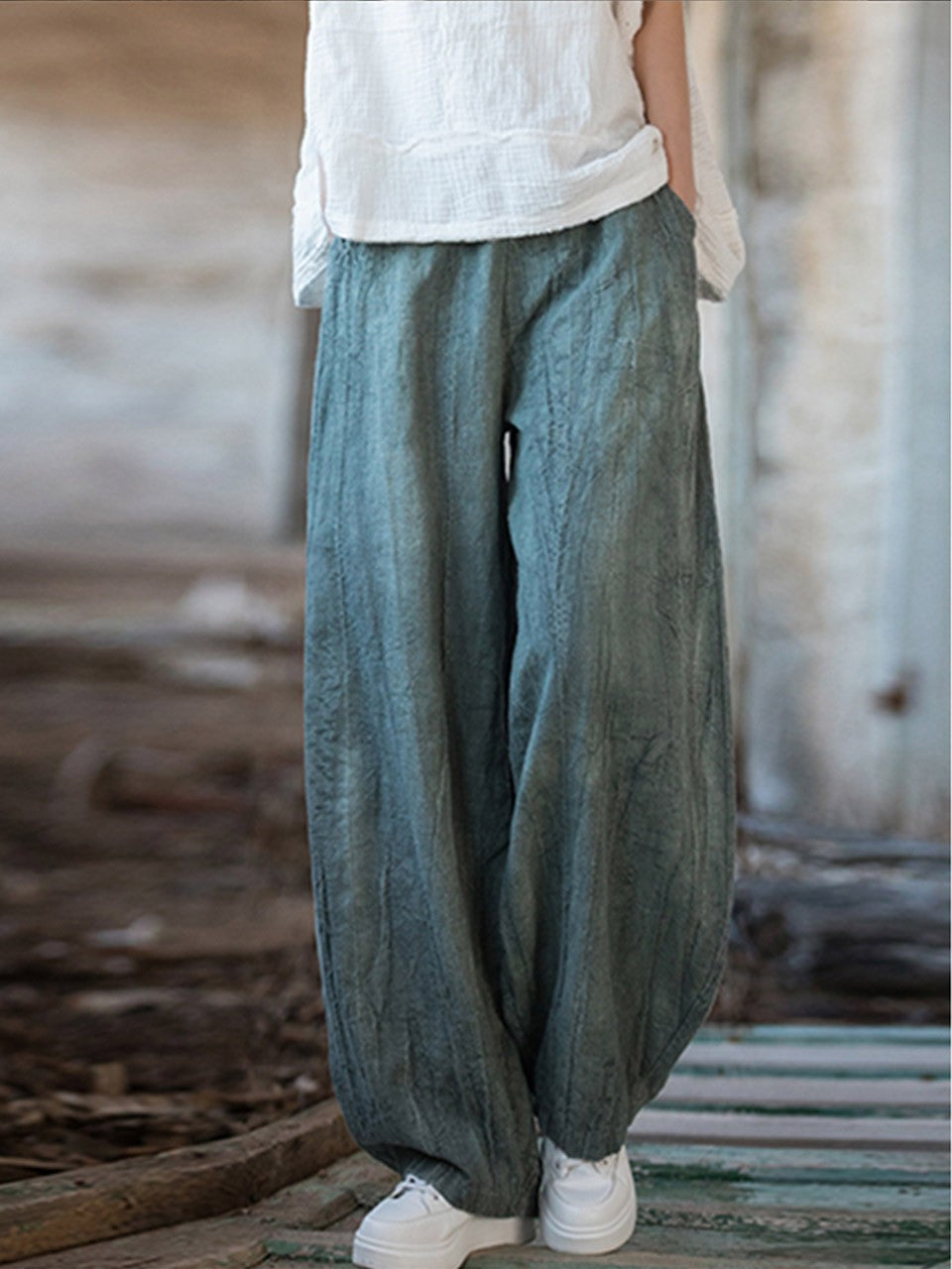 Elegant Women's Cotton Linen Baggy Cargo Pants Vintage Elastic Waist Yoga Trousers Loose Casual Long Wide Leg Oversize Clothes