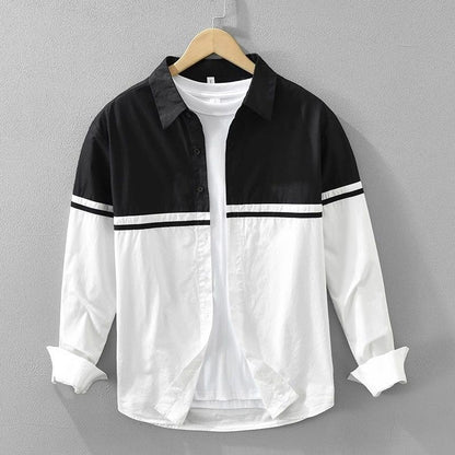 Polo Neck Contrast Patchwork Korean Blouse Men's Spring Autumn New Long Sleeve Loose Casual Shirt Tops Fashion Trend Men Clothes