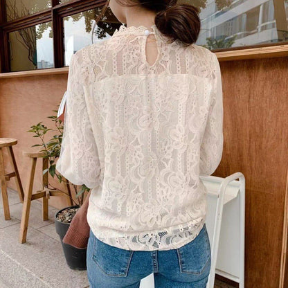 Mesh Lace Women Blouse Fashion Office Lady Long Sleeve Elegant Shirts Casual Loose Sweet Tops
