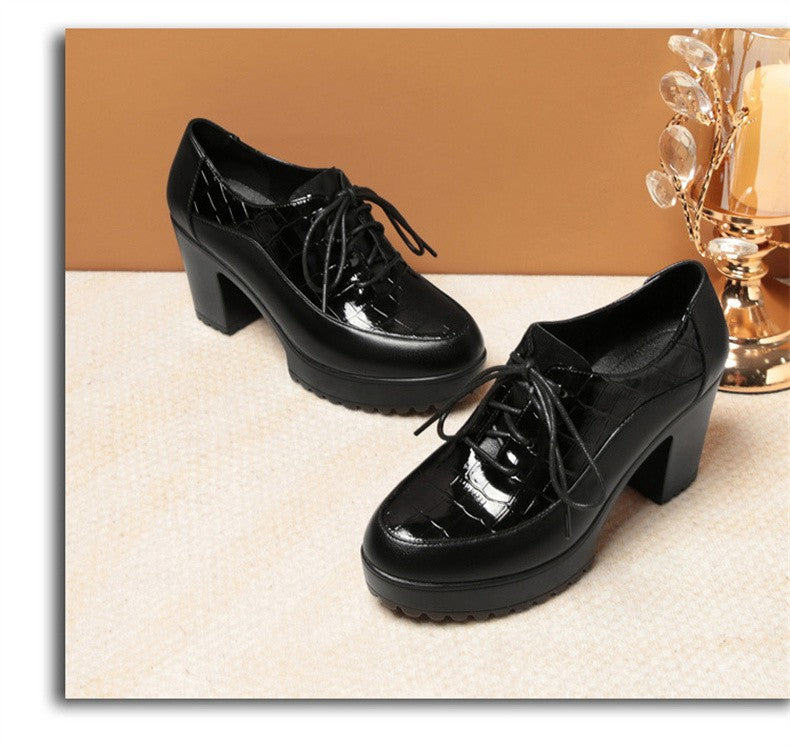 Deep Mouth Soft Leather Shoes Women Oxfords Platform Pumps High Heels Shoes Black Lace up Office Work Pumps Shoes Comfortable