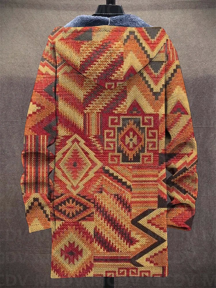 Unisex Retro Ethnic Pattern Print Plush Thick Long-Sleeved Sweater Cardigan Coat