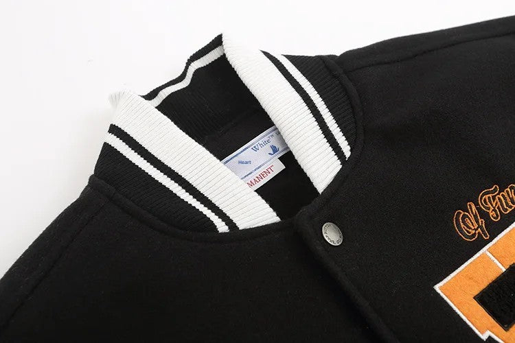2023 Autumn/winter New Ow Skull Embroidery Woolen Jacket Cloth Patchwork Leather Sleeve Heavy Duty Embroidery Casual Style Fit