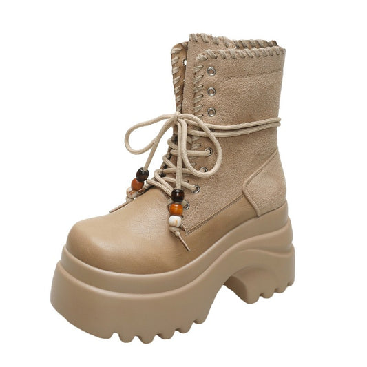 High Platform Women Motorcycle Boots 9CM Wedge Heels Walking Ankle Shoes New 2025 Autumn Winter Lace-up Modern Short Booties