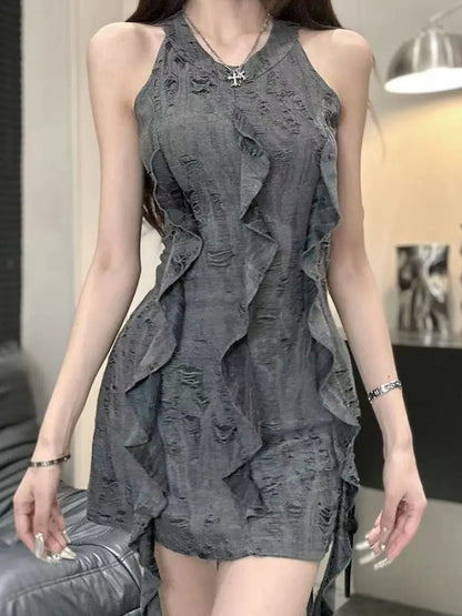 Ruffle Collar Halter Bodycon Dress Women Vintage Inspired Innocent Seduction Aesthetic Summer Body Hugging Pencil Skirt Modern C