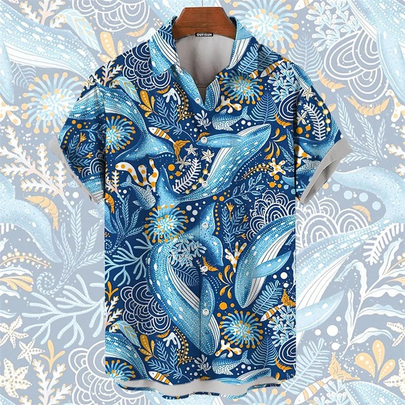 2025 Men's Shirt Hawaiian Marine Animal Print Top 2025 New Summer Whale Pattern Short Sleeved Top Camisas Estampadas