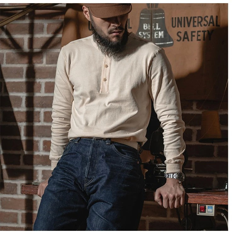 Bronson 350g Heavyweight L/S Henley Shirt Vintage Plain Base T-Shirt For Men