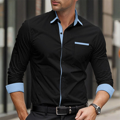 New men's formal button up shirt long sleeved solid color lapel for spring and autumn weddings, daily pocket patchwork clothing