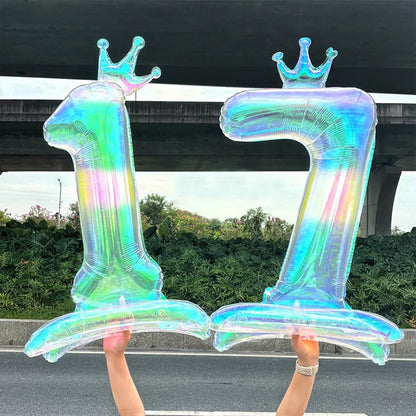 32Inch Transparent Colorful Crown Digital Aluminum Film Balloon with Base Happy Birthday Party Decor Kids Adults Baby Showers