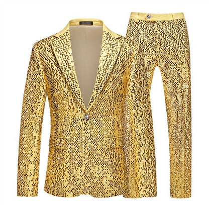 High-quality Sequined Suits Men Clothing Gold / Silver Autumn / Winter New Male Wedding Banquet Party Dress Blazer and Pant