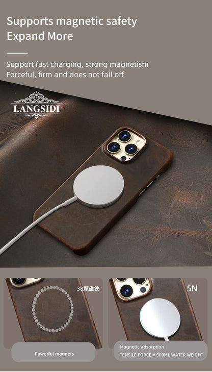 Capa Magsafe para iPhone 15 16 17 Pro Max Air Couro Genuíno Envelhecido Bovino de Grão Integral de Luxo Retrô Capa Magnética