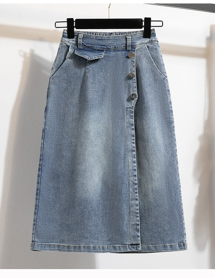 Plus Size Denim Skirt Women Autumn 2024 New High Elastic Waist Blue Color Jeans Skirts With Lining Korean Style Casual Skirt