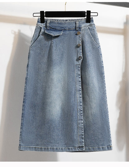 Plus Size Denim Skirt Women Autumn 2024 New High Elastic Waist Blue Color Jeans Skirts With Lining Korean Style Casual Skirt