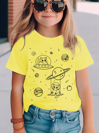 Camiseta Estampada Gato Espacial para Crianças Meninas Meninos Moda Casual Blusas Espaciais Menina Menino Camiseta Gato Fofo Roupa Infantil