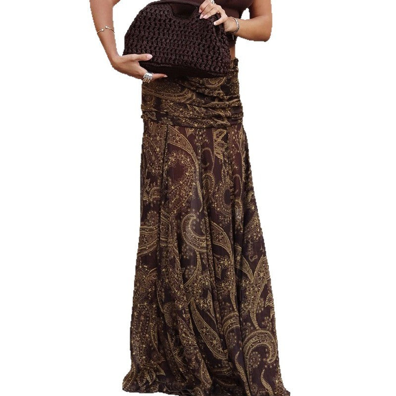 Irregular Printed Big Swing Long Skirts for Women High Waist Buttock Cover A-Line Maxi Skirt Female Vintage Bottom Clothes