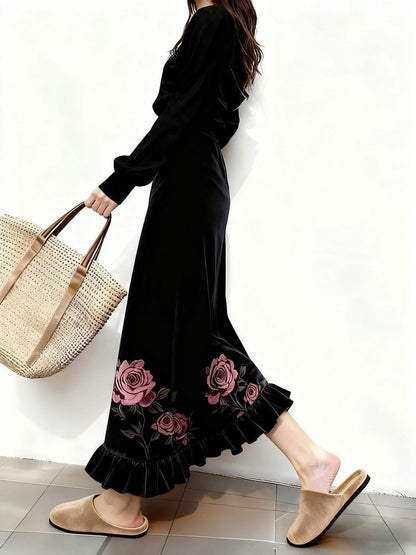 Women Clothes Autumn Winter Fashion Simplicity All-match Printing Solid Color Female Temperament Pleuche High Waist A-line Skirt