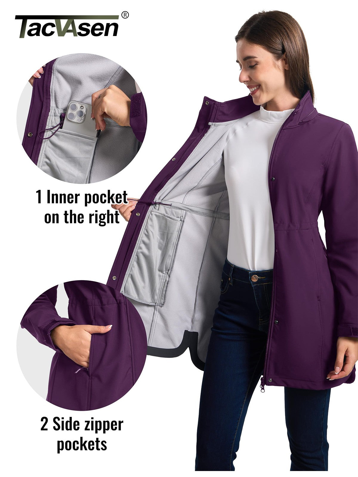 TACVASEN Women's Long Hooded Jacket Fleece Lined Softshell Jacket Waterproof Windproof Hiking Jacket Rain Coat Windbreaker Parka