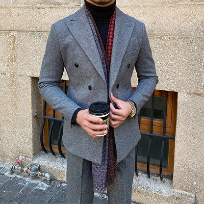 Vintage Men's Suit 2 Pieces Business Formal Casual Double Breasted Slim Fit Suits Party Wedding Dress Costume Male Suit