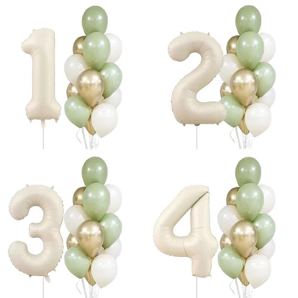 14pcs 32inch Cream Number Balloon 10inch Avocado Green Metallic Gold White Latex Balloons Baby Birthday Party Decorations