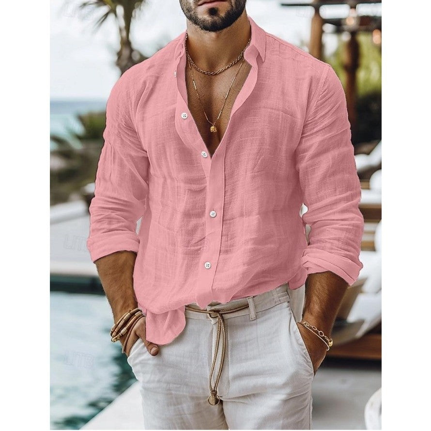 Men's Solid Color Cotton Linen Blend Breathable Sweat Absorbing Easy to Maintain Long Sleeved Shirt Business Casual Slim Fit