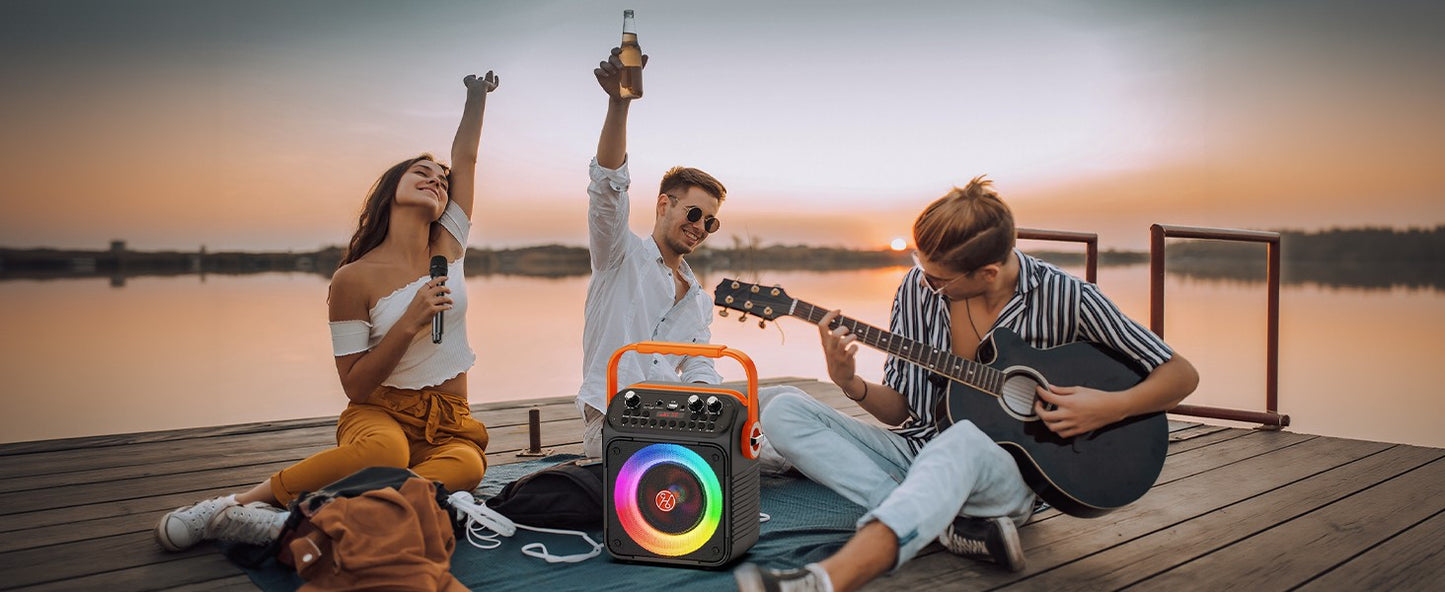 Caixa de Som Karaokê Bluetooth de Alta Potência T35, Luz Rítmica Musical, Som Estéreo Surround 360 Graus, Subwoofer Sem Fio com Microfone Duplo