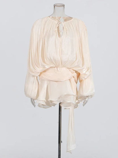 TWOTWINSTYLE Elegant Ruched Mini Dress For Women Round Neck Lantern Long Sleeve