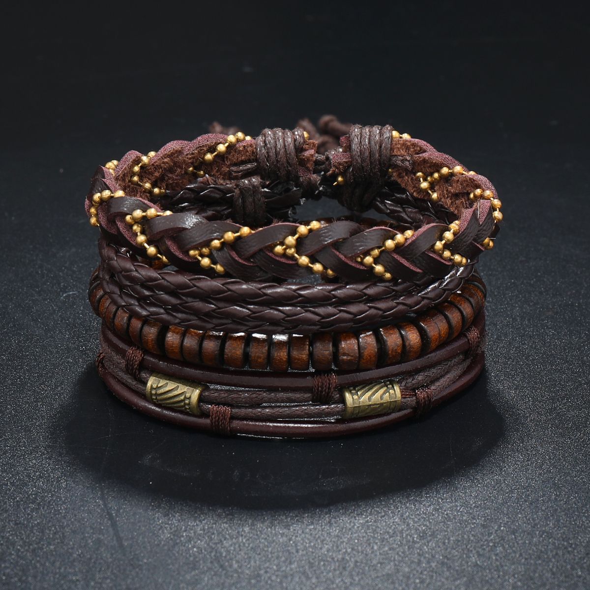 Conjunto de 4 Pulseiras Masculinas Trançadas de Couro com Fecho, Vintage Árvore da Vida Leme, Miçangas de Madeira, Étnicas Tribais, Bracelete de Corda