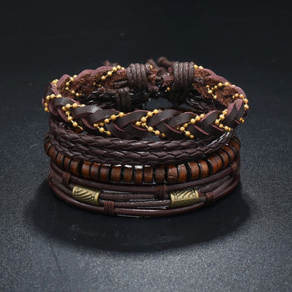 Conjunto de 4 Pulseiras Masculinas Trançadas de Couro com Fecho, Vintage Árvore da Vida Leme, Miçangas de Madeira, Étnicas Tribais, Bracelete de Corda