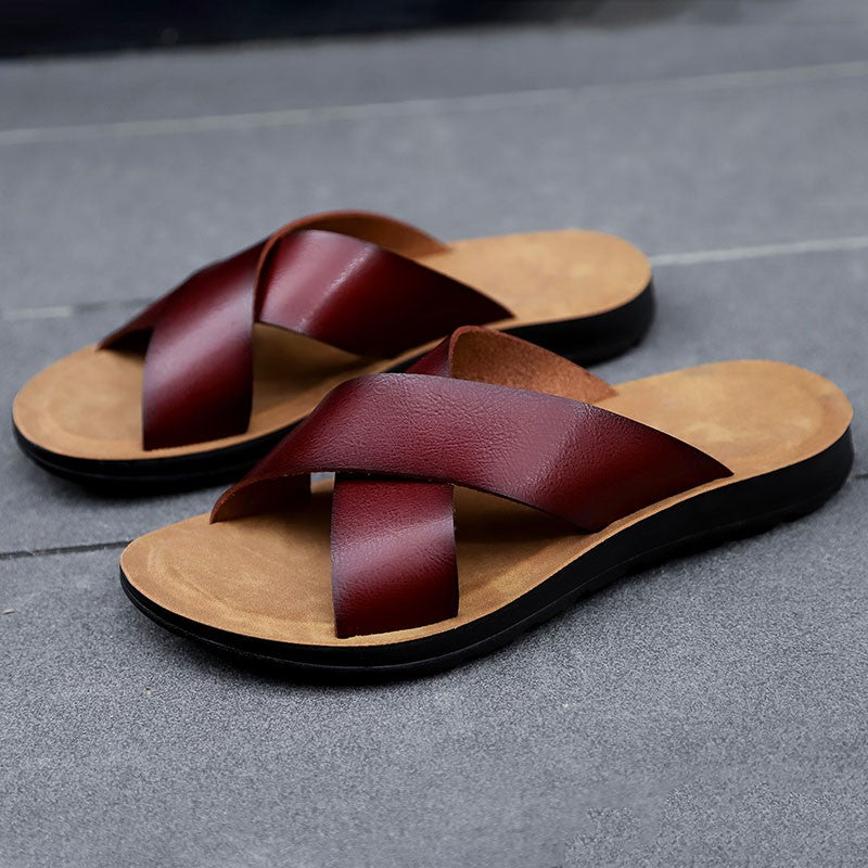 New Arrivals Italian Leather Slippers for Men Summer Hotel Beach High Quality Slip on Light Flats Male Flip Flops Big Size 38-47
