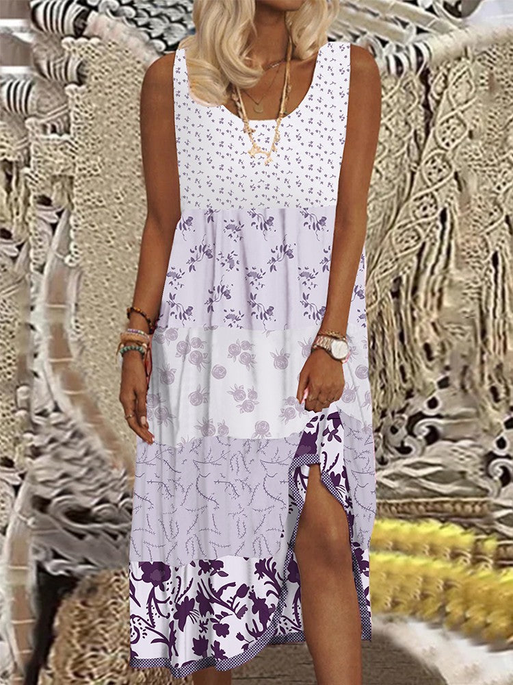 Plus Size Casual Women's Midi Dress 2025 Summer New Floral Printed Sleeveless Fl