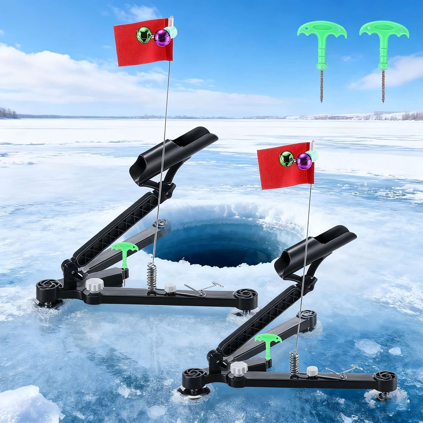 Suporte Dobrável para Vara de Pesca no Gelo com Sino e Bandeira - Suporte Ajustável Compatível com Perfurador de Gelo, Acessórios Portáteis para Pesca de Inverno