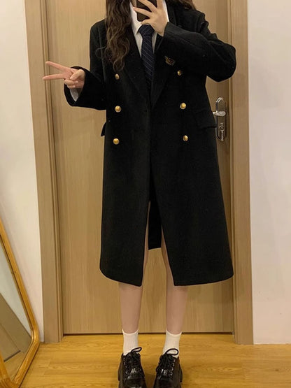 Jk Uniform Wool Coat Women Fashion Japanese Preppy Elegant Badge Black Midi Outwear Autumn Winter Sweet Long Sleeve Quilted Tops