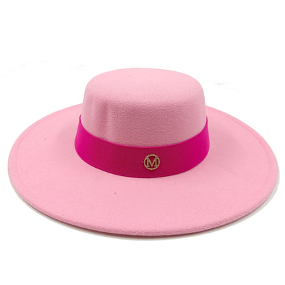 2022 new oversized edge flat top hat retro French felt hat outdoor sun hat women's big-brimmed fedora hat