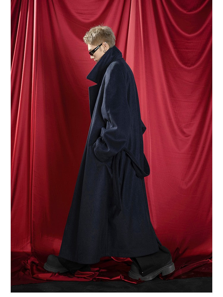 Mauroicardi Autumn Winter Oversized Extra Long Warm Navy Blue Wool Blends Coat Men Loose Luxury Designer Woolen Overcoat 2024