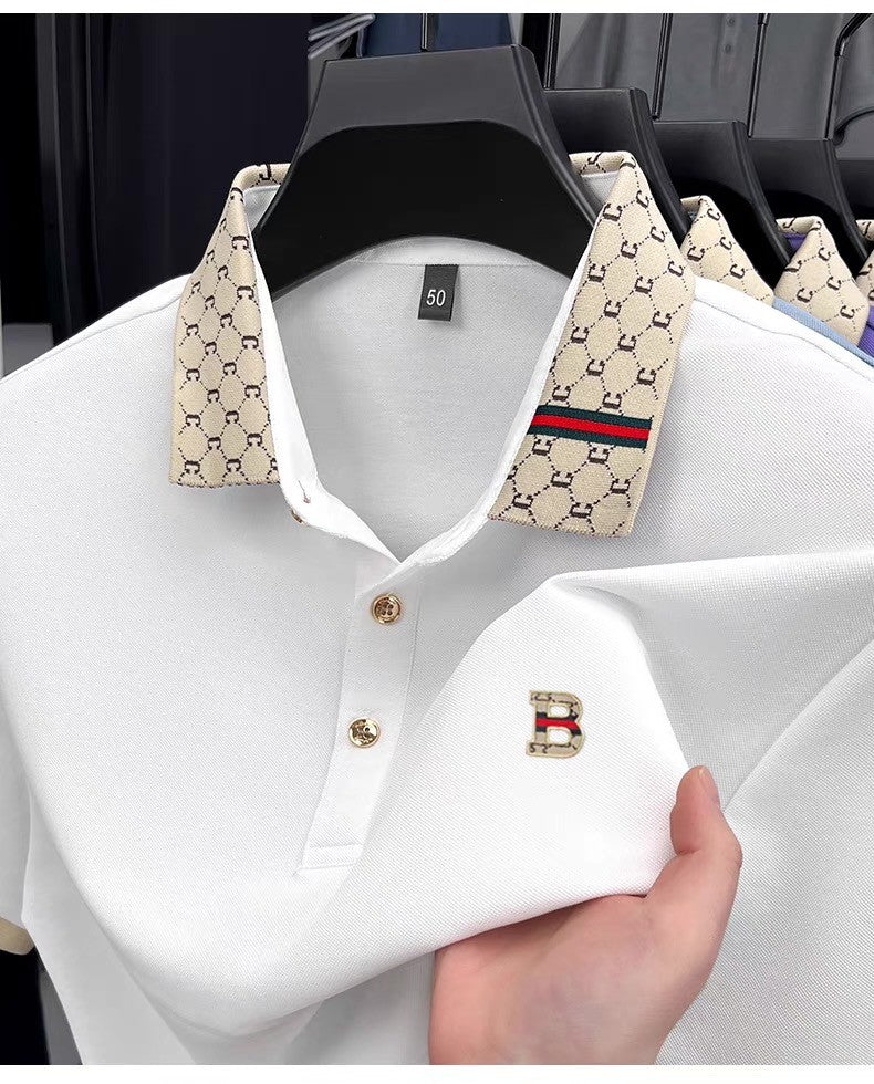 Luxury brand B letter embossed short sleeve polo shirt men summer lightweight breathable new fashion color blocked lapel T-shirt