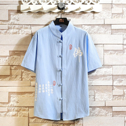 2023 New Chinese Style Shirt Mens Tops Tang Suit Linen 3/4 Sleeve  Traditional Kung Fu China Type Hanfu Shirt Plus Size 4Xl 5Xl