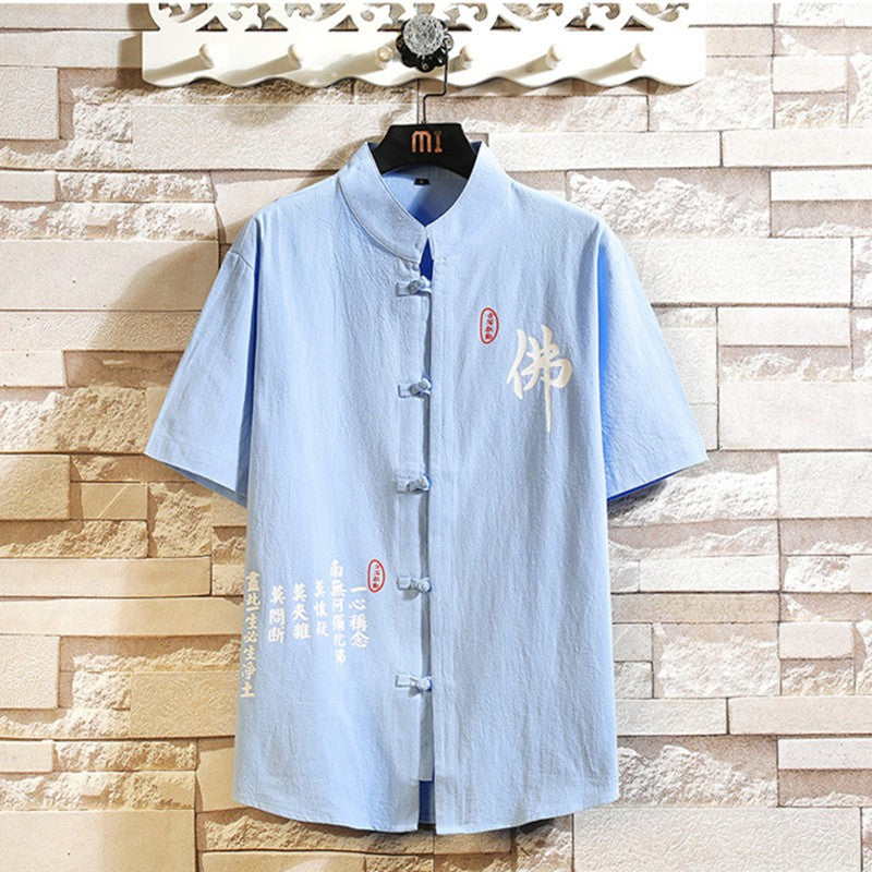 2023 New Chinese Style Shirt Mens Tops Tang Suit Linen 3/4 Sleeve  Traditional Kung Fu China Type Hanfu Shirt Plus Size 4Xl 5Xl