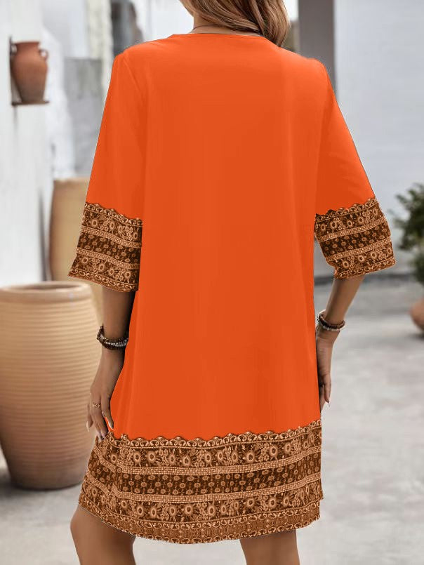 Women's Clothes Casual print Short Sleeve V-Neck Waist Cinched Dress summer vintage New Female Fashion Loose Mini Dresses 2025