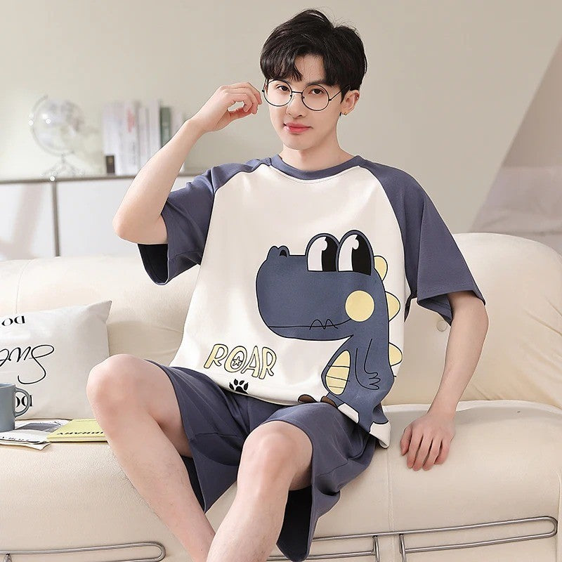 Cotton Summer Thin Men's Pajamas Set Plus Size Short Sleep Tops Pant Sleepwear Suit Male Home Suit Homewear Casual Pyjamas