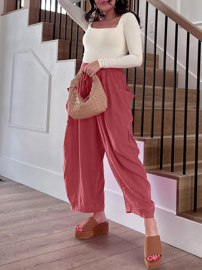 Women's Stretched-waist Pleated High-waisted Wide-leg Trousers Spring Autumn Fashion Cotton Linen Pocket Casual Trousers Woman