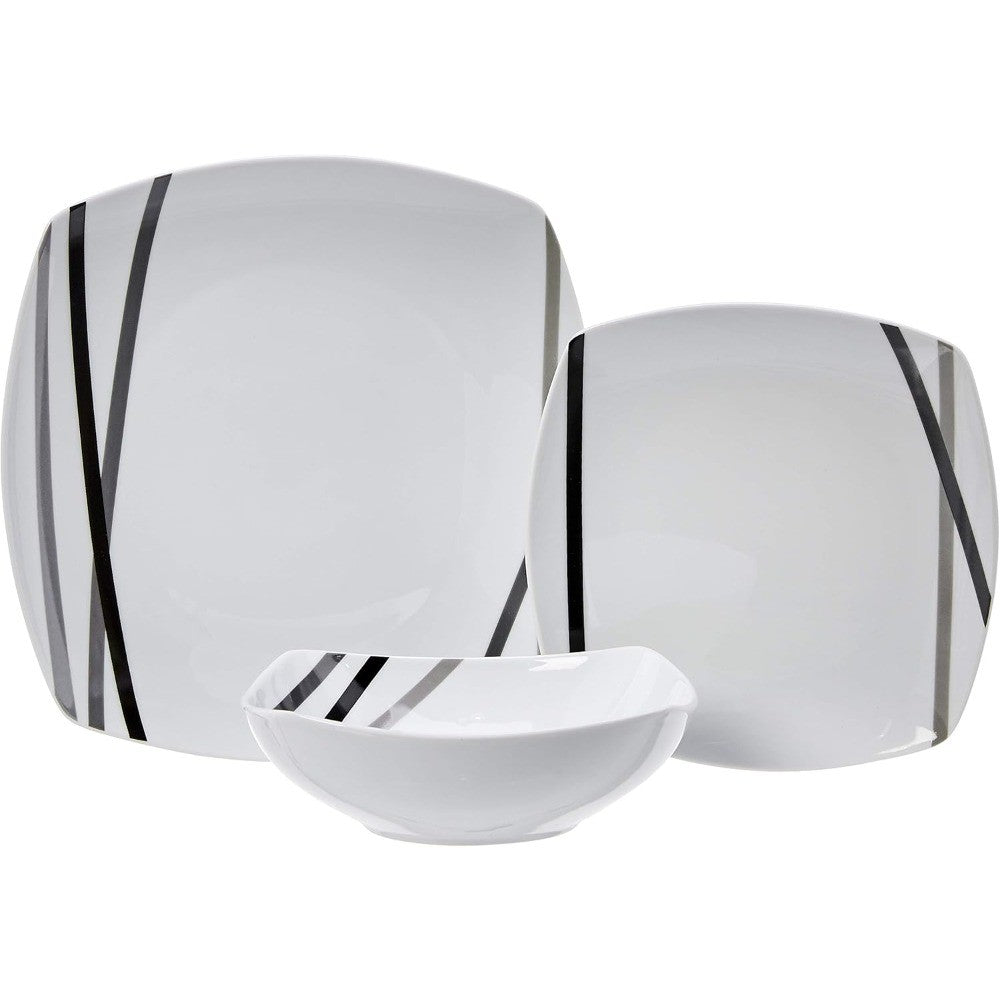 Amazon Basics 18 Piece Kitchen Dinnerware Set - Square Plates, Bowls, Service for 6 - Modern Beams