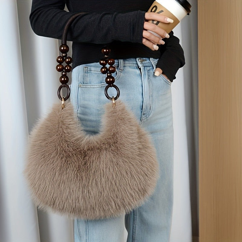 Women's Faux Handbag, Plush Faux Tote Purse with Bead Accented Strap, Zipper Closure Elegant Handbags Shoulder Bags for Everyday