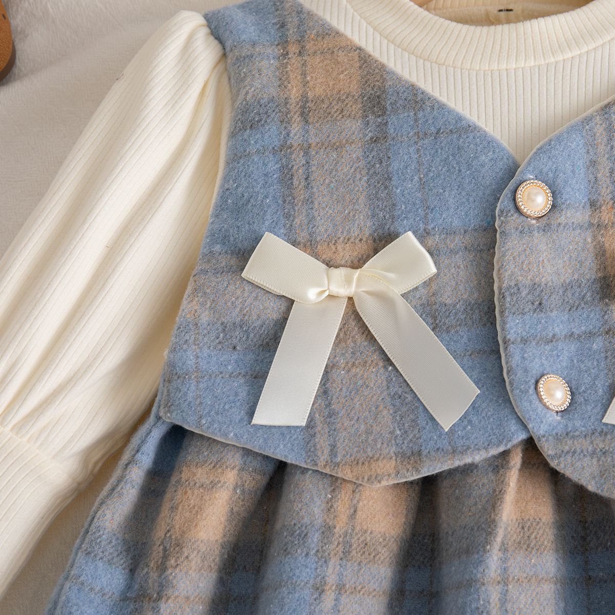 9 Months -3 Years Old Spring And Autumn New Plaid Baby Girl Dress, Sweet Bow Children'S Long Sleeved Clothes