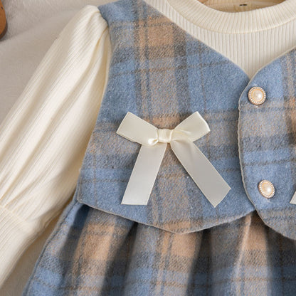 9 Months -3 Years Old Spring And Autumn New Plaid Baby Girl Dress, Sweet Bow Children'S Long Sleeved Clothes