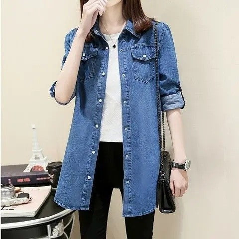 Loose Women's Denim Shirt Long Sleeve Mid-Length Slim Fit plus Size Spring Autumn New Style Student Outerwear Casual Shirt