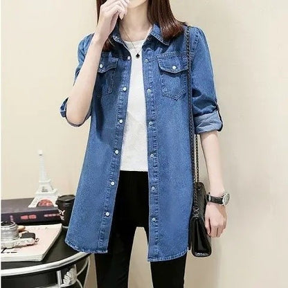 Loose Women's Denim Shirt Long Sleeve Mid-Length Slim Fit plus Size Spring Autumn New Style Student Outerwear Casual Shirt